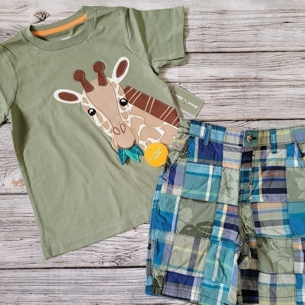 Zoo Trip Outfit Giraffe T-Shirt Binoculars Tank Top Patchwork Shorts Outfit NWT